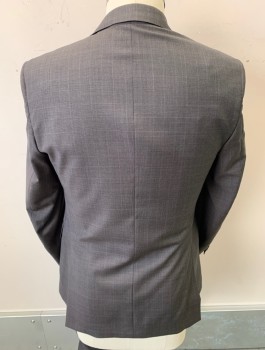 SAKS FIFTH AVENUE, Dk Brown, Wool, Viscose, Plaid, Notched Lapel, 2 Button Front, 3 Pockets  2 Back Vents