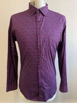 Mens, Casual Shirt, ROD + GUNN, Red Burgundy, White, Tan Brown, Polyester, Cotton, Floral, S, L/S, Button Front, Collar Attached, Chest Pocket