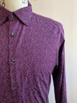 Mens, Casual Shirt, ROD + GUNN, Red Burgundy, White, Tan Brown, Polyester, Cotton, Floral, S, L/S, Button Front, Collar Attached, Chest Pocket