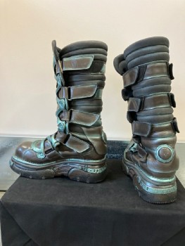 Mens, Sci-Fi/Fantasy Piece 11, Brown, Iridescent Green, Leather, Geometric, Sz 11, BOOTS: Knee High, Chunky Soles, Painted Raised Details, Velcro Tab Closures On Both Sides. Left Boot Has A Hole Drilled Through The Sole