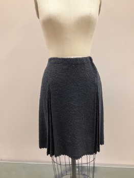 ADOLFO, Black, Wool, Silk, Solid, Color Blocking, Boucle, Elastic Waist, Pleated Gores From Hips At Front And Back, Crochetted Scallopped Hem