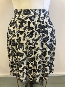 Womens, Skirt, KENAR, W: 30, 10, Black/ Off White, Novelty Print, Pleated, Side Zip