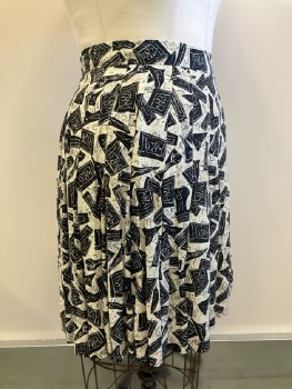 Womens, Skirt, KENAR, W: 30, 10, Black/ Off White, Novelty Print, Pleated, Side Zip