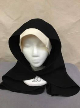 Unisex, Nuns, Wimple, N/L, Black, Cream, Polyester, Solid, Black Textured Poly Hood, with Cream 1.5" Band Around Face, Velcro Closures at Front