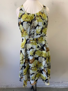 Womens, Dress, Sleeveless, DANNY & NICOLE, Chartreuse Green, Lt Brown, Black, White, Polyester, Floral, 12, Light Chartreuse, Light Brown, Black, White Floral Pattern, Scoop Neck, Sleeveless, Zip Back, Gathered Neckline Center Front, Black Lining