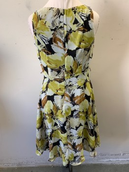 Womens, Dress, Sleeveless, DANNY & NICOLE, Chartreuse Green, Lt Brown, Black, White, Polyester, Floral, 12, Light Chartreuse, Light Brown, Black, White Floral Pattern, Scoop Neck, Sleeveless, Zip Back, Gathered Neckline Center Front, Black Lining