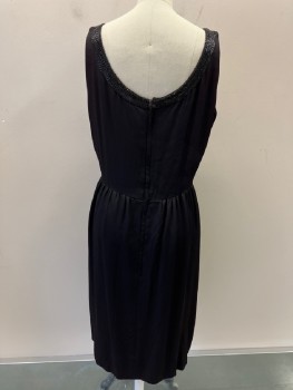 JOBERE, Black, Polyester, Solid, Scoop Neck, Bugle Beads Trim At Sleeves And CF,  Open Slit At Skirt, Darts At Waist , CB Zipper