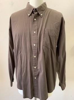 Mens, Casual Shirt, TOMMY HILFIGER, Dk Brown, Cotton, Solid, XL, Button Front, Button Down Collar, Long Sleeves, 1 Pocket, Washed and Faded
