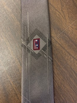 N/L, Silver, Red Burgundy, Navy Blue, Lt Gray, Polyester, Acetate, Squares, Rectangles, Sharkskin, Square on a Point with Rectangles Inside, a Few Lines Cutting Through the Space, Skinny, 2.5" Wide