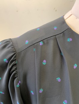 ALISON PETERS, Black, Purple, Teal Green, Polyester, Floral, Chiffon, Translucent, 3/4 Puffy Sleeves Gathered At Shoulders, Round Neck, Gathered Waist, Knee Length, Elastic At Waist No Longer Stretchy