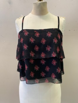 Womens, Top, AVEC LES FILLES, Black, Fuchsia Pink, Polyester, Floral, S, Adj Straps, Square Neck, 2 Sheer Tiers