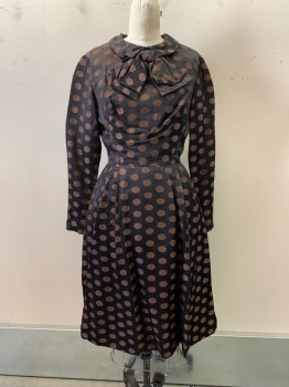 NO LABEL, Black, Dk Brown, Polyester, Polka Dots, L/S, Crew Neck, Collar Attached with Bow, Zippers on Sleeves, Pleated, Back Zipper, Made to Order