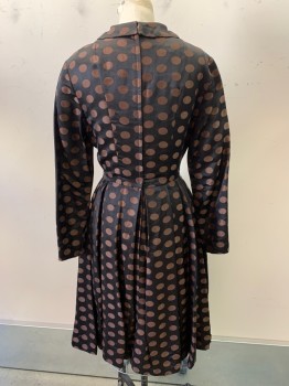 Womens, Evening Gown, NO LABEL, Black, Dk Brown, Polyester, Polka Dots, W25, B36, H42, L/S, Crew Neck, Collar Attached with Bow, Zippers on Sleeves, Pleated, Back Zipper, Made to Order