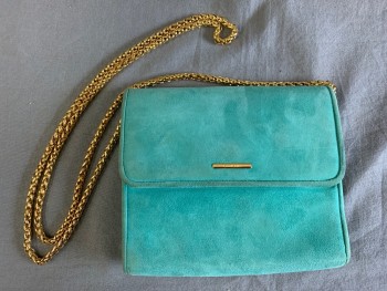 Womens, Purse, ST. JOHN, Sea Foam Green, Suede, Solid, 5.5", 6.5", Heavy Gold Chain Strap, Little Aged, Magnetic Closure,
