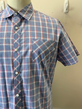 Mens, Casual Shirt, WALLIN + BROS, Black, Red, White, Cotton, Plaid - Tattersall, XL, S/S, Button Front, Collar Attached, Chest Pocket