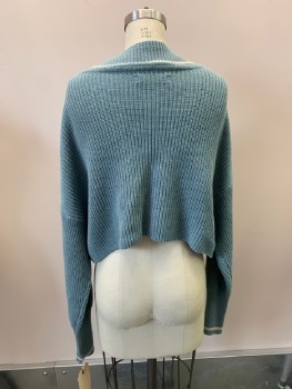 Womens, Cardigan Sweater, OAK & FORT, Sea Foam Green, Cream, Cotton, Acrylic, Solid, M, Rib Knit, Cream Striped Trim, V-N, Overlapping Single Button Front, Cropped