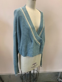 Womens, Cardigan Sweater, OAK & FORT, Sea Foam Green, Cream, Cotton, Acrylic, Solid, M, Rib Knit, Cream Striped Trim, V-N, Overlapping Single Button Front, Cropped