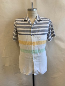 KNIGHTS BRIDGES, White, Faded Navy, Yellow, Sea Foam Green, Poly/Cotton, Stripes, C.A., Button Front, S/S, 1 Pocket
