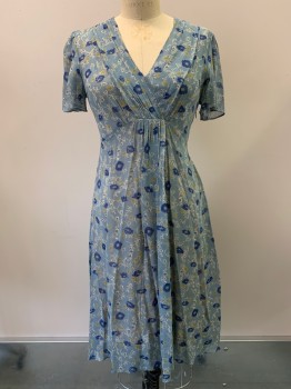 ULF ANDERSSON, Lt Blue, Blue, Moss Green, Beige, Rayon, Floral, S/S, V Neck, Pleated Front, Sheer, Side Zipper,