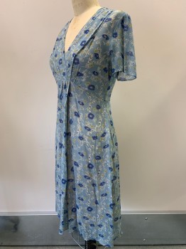 ULF ANDERSSON, Lt Blue, Blue, Moss Green, Beige, Rayon, Floral, S/S, V Neck, Pleated Front, Sheer, Side Zipper,
