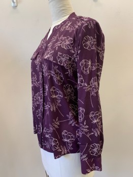 CALVIN KLEIN, Plum Purple, Cream, Polyester, Floral, L/S, B.F., CB Chest Pocket Flaps
