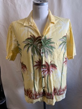 Mens, Hawaiian Shirt, ALOHA REPUBLIC, Butter Yellow, Olive Green, Rust Orange, Multi-color, Cotton, Hawaiian Print, XL, S/S, Button Front, Chest Pocket