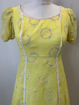 JC Penney , Yellow, White, Green, Pink, Blue, Polyester, Cotton, Floral, Circles, Short Puff Sleeves, Round Neck with Crochet Trim, Vertical Crochet Trim, Pleated Bottom, Back Zipper,