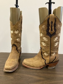 Womens, Cowboy Boots, REYME, 7, Light Brown Oiled Leather Square Toe, with Multi-brown Floral Embroidery And Dark Brown Leather Accents