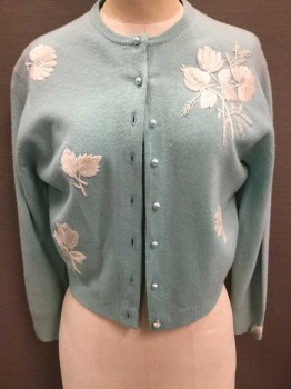 Womens, Sweater, LONG KEE, Lt Blue, White, Wool, Floral, Light Blue Knit W/White Embroidered Flowers, Long Sleeves, Pearl Buttons, Light Blue Silk Lining, Cardigan