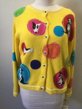 SUSAN BRISTOL, Lemon Yellow, Black, White, Multi-color, Cotton, Dots, Novelty Pattern, Round Neck,  Long Sleeves, Dog Lady, Multicolor Dots with Black and White Dogs, Clumsy Applique, and Beading