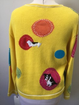 Womens, Sweater, SUSAN BRISTOL, Lemon Yellow, Black, White, Multi-color, Cotton, Dots, Novelty Pattern, L, Round Neck,  Long Sleeves, Dog Lady, Multicolor Dots with Black and White Dogs, Clumsy Applique, and Beading