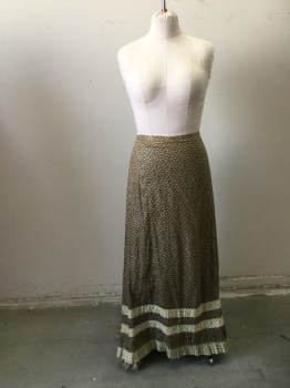 N/L, Olive Green, Brown, Cream, Navy Blue, Mint Green, Cotton, Floral, Walking Skirt. Floral Print Skirt of Brown Base with Cream & Lime Base Floral Print at Hemline with Pleated Frou Frou Hemline. Stain at Center Back of Skirt, and Hemline Dirty at Back Train. Some Sun Damage at Side Left,