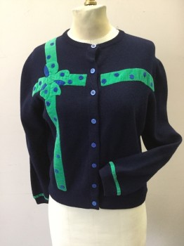 Womens, Sweater, PAT BALDWIN , Navy Blue, Green, Blue, Cashmere, Solid, M, Cardigan, Green Velvet Present With Bow, with Blue Polka Dots, Blue B.F., Ribbed Knit Neck/Cuff/Waistband, Green Velvet Trim Above Cuff