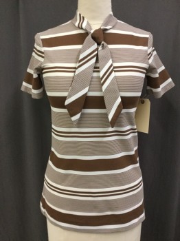 JANTZEN, Brown, White, Polyester, Stripes - Horizontal , Back Zipper, Short Sleeves, Stand Collar with Self Tie Scarf, Knit, Late 1960's