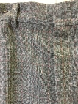 Mens, Slacks, HAGGAR, Gray, Dk Gray, Red, Polyester, Check , Plaid-  Windowpane, Ins:30, W:32, Flat Front, Zip Fly, 4 Pockets, Straight Leg, Late 70's-Early 80s