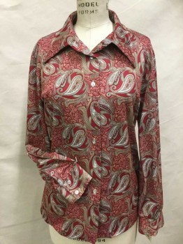 N/L, Dk Red, White, Goldenrod Yellow, Teal Blue, Tan Brown, Polyester, Paisley/Swirls, BLOUSE:  Dark Red W/goldenrod, White Teal Blue, Tan Paisley Print, Collar Attached, Button Front, Long Sleeves, See Photo Attached,