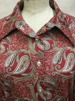 Womens, Blouse, N/L, Dk Red, White, Goldenrod Yellow, Teal Blue, Tan Brown, Polyester, Paisley/Swirls, B 38, BLOUSE:  Dark Red W/goldenrod, White Teal Blue, Tan Paisley Print, Collar Attached, Button Front, Long Sleeves, See Photo Attached,