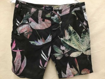 Mens, Shorts, PAUL SMITH, Black, Pink, Gray, Green, Cotton, Floral, Heathered, 30, Black W/heather Pink, Salmon, Green Large Leaves Print, 1-1/2" Waistband, Belt Hoops, 2 Pockets, Button Front,