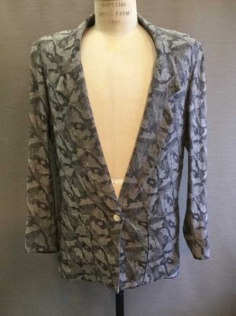 Mens, Blazer/Sport Co, N/L, Gray, Charcoal Gray, Linen, Cotton, Camouflage, 42R, Single Breasted, Collar Attached, Notched Lapel, 2 Pockets, 1 Button