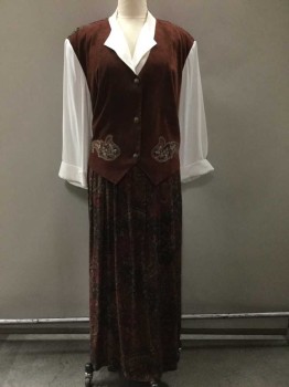 ANOTHER THYME, Brown, Off White, Tan Brown, Burnt Orange, Polyester, Rayon, Paisley/Swirls, Solid, Faux Vest, Long White Sleeves, V-neck Blouse Front, Ankle Length, Self Belt Ties At Back, Wide Cuff, Three Brass Buttons On Front Of Vest