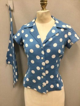 Womens, Blouse, N/L, Cornflower Blue, White, Polyester, Polka Dots, W:29, B: 34, Short Sleeve,  Button Front, Notched Collar, Cuffed Sleeves, Fitted, **Comes with Matching Handkerchief/Scarf, Made To Order Reproduction