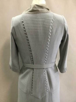 Womens, Dress, MTO, Sage Green, Wool, Silk, Solid, Stripes, W31, B38, H36, Crepe, Pin Tuck Detail, 3/4 Sleeves, Lots Of Tiny Coverred Button Detail, Small Attached Neckerchief with Bakelite Buckles, Bow Tie Center Front, V-neck, Back Zipper, Gored Skirt, MATCHING BELT with Bakelite Buckle, 1930s
