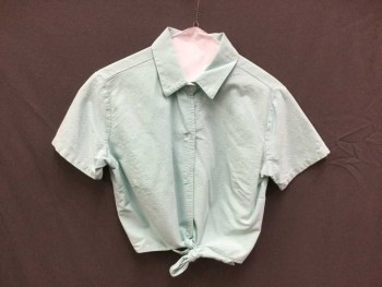 FOX23, Aqua Blue, Cotton, Heathered, Short Sleeve,  Collar Attached, Button Front, Cropped with Self Tie at Cf
