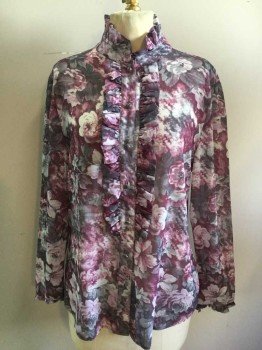 ST. JOHN, Purple, Gray, White, Synthetic, Floral, Grey/Gold Button Front, Ruffle Placket, Collar Attached with Ruffle, Long Sleeves with Raw Cuff