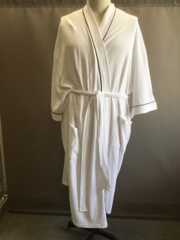 Mens, Bathrobe, ROCHESTER, White, Cotton, Polyester, Solid, 3X, Waffle Knit, Navy Piping, 2 Pockets, Self Belt, 3/4 Slvs,