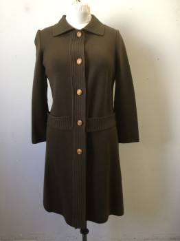 N/L, Brown, Polyester, Solid, Waffle Knit L/S, Wooden B.F., Ribbed Knit C.A., Ribbed Knit Placket, Ribbed Knit Self Attached Belt, Belt Loops, Hem At Knee,