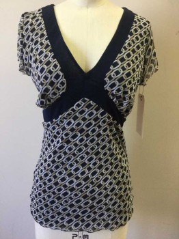 NYCO, Navy Blue, Beige, White, Nylon, Geometric, V-neck, Cap Sleeves, Chain Link Print, Double Layer of Stretch Mesh
