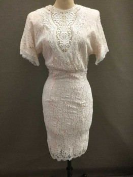 Womens, Cocktail Dress, JESSICA MCCLINTOCK, White, Lt Pink, Nylon, Polyester, 8, White Lace Over Pale Pink Poly Satin, Short Sleeve,  Large Shoulder Pads, Round Neck,  Sheer Lace Panel At Center Front Neck/Bust, Slim Fit Torso, Hem Below Knee, Button/Loop Closures Down CB,