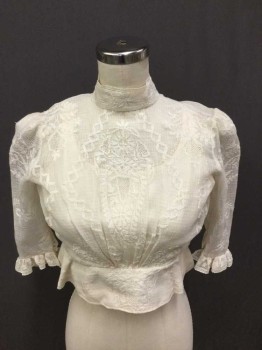 Cream, Cotton, Floral, Batiste With Grid Texture, Floral Embroidery  High Collar Band, Peplum Waist, 3/4 Sleeves. Hook & Eye Closure, CB