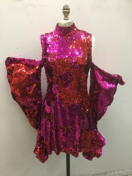 HALPERN, Red, Magenta Purple, Sequins, Solid, Changeable Red/Magenta Paillette Sequins, Cold Shoulders with Large/Voluminous Long Sleeves with Open Drapey Shoulders, are Tapered in to Ruffled Cuffs, Mock Neck, Flared Handkerchief Hem, Hem Mini, High End/Designer
